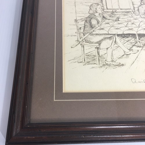 Barbel Amos Framed Art Quilting Pen and Ink 1984 Quilt Frame Americana Sewing - Picture 5 of 12