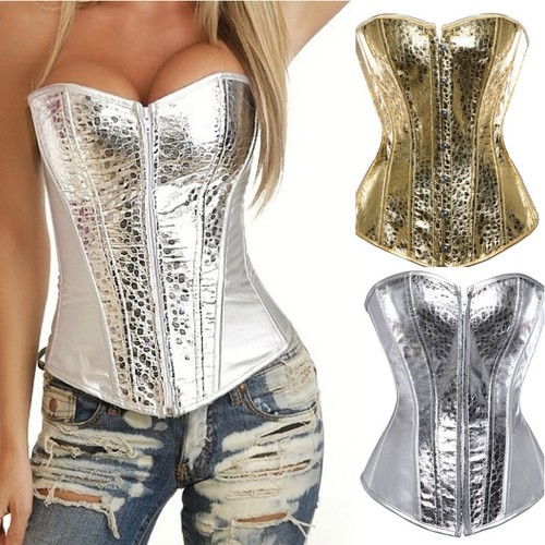 Corsetto Basco Cincher Lingerie Bustier Paillettes Lucido Oro Argento Corpo Shaper Osso - Foto 8 di 23