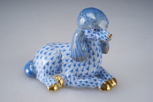 1st Ed. HEREND Hand Painted Fishnet Porcelain Poodle Dog Figurine Hungary