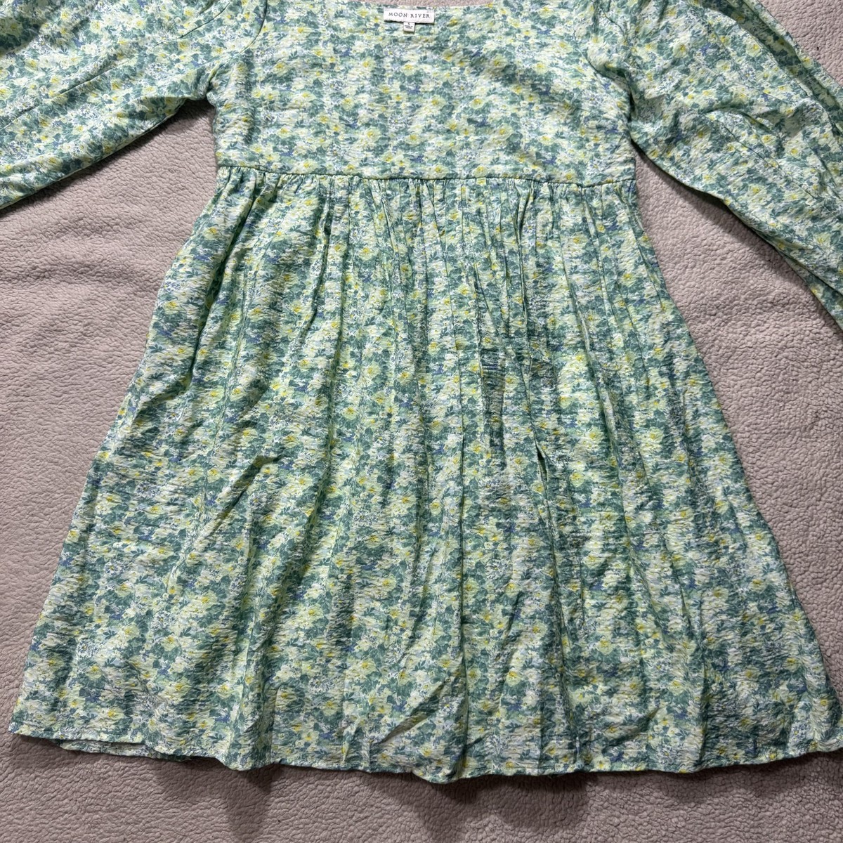 Moon River Dress Womens Small Green Blue Floral Long Sleeve Square Neck  Lined