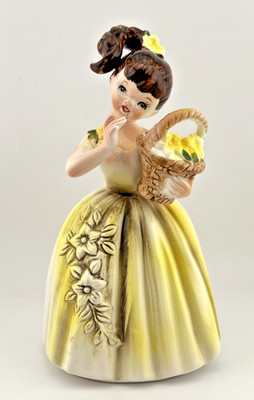 Vintage Yellow Enesco Girl with Flower Basket Planter E-4088 7 Inch Nice