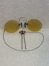 Antique Pince Nez Yellow Lens Glasses Tinted w  Hairpin No Name