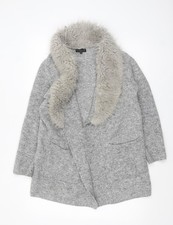 F&F Women’s Grey Faux Fur Trim Open Cardigan Size 14 Knitwear