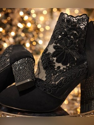 NWOT Floral Lace Mesh Block Heel Ankle Boots Size 39 Gothic Romantic