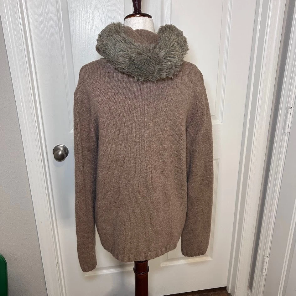 Cárdigan Crazy Horse Marrón Cremallera 100% Lana de Cordero Talla XL Imitación Piel Capucha Bolsillo Foto 2 de 4