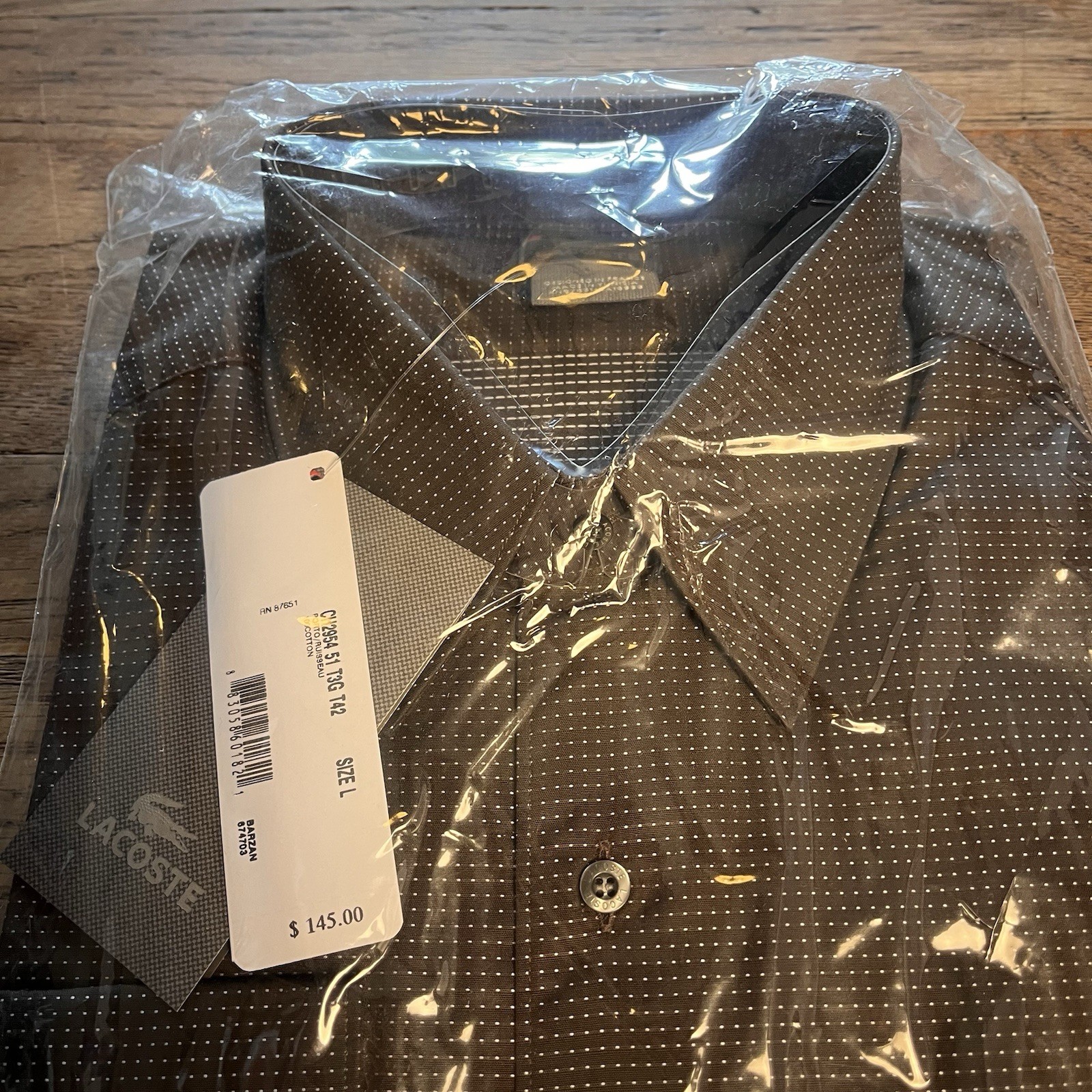 Lacoste Men's Brown Pin Dot Button Down Dress Shirt Long Sleeve 42 Large $145 image 4