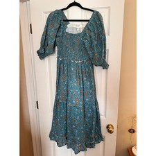 Grace Holiday Floral Smocked Puff Sleeve Cotton Midi Dress XS Teal fits medium