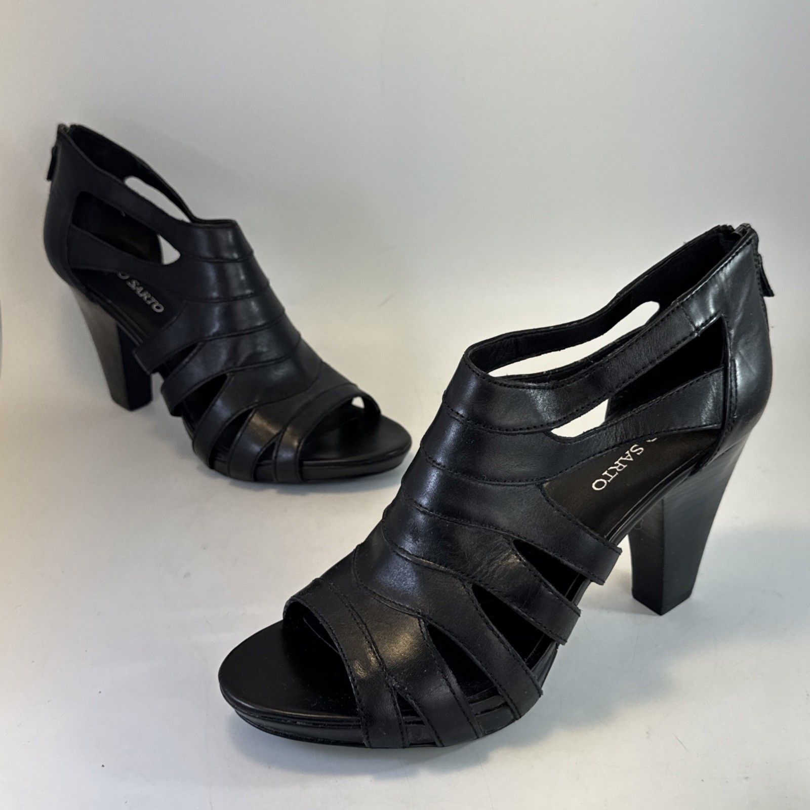 Franco Sarto Black Leather Caged Sandals Women’s 11M Back Zip Block Heel