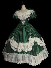 Puff Sleeve Green Satin Victorian Ball Gown Lace Ruffle Bow Custom Made