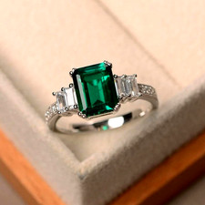 3.50 Ct Emerald Cut Emerald Diamond Lab Created Wedding Ring 14K White Gold Over