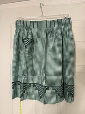 Vtg. Handmade Green  White Gingham Check Half Apron White Cross Stitch, Pocket