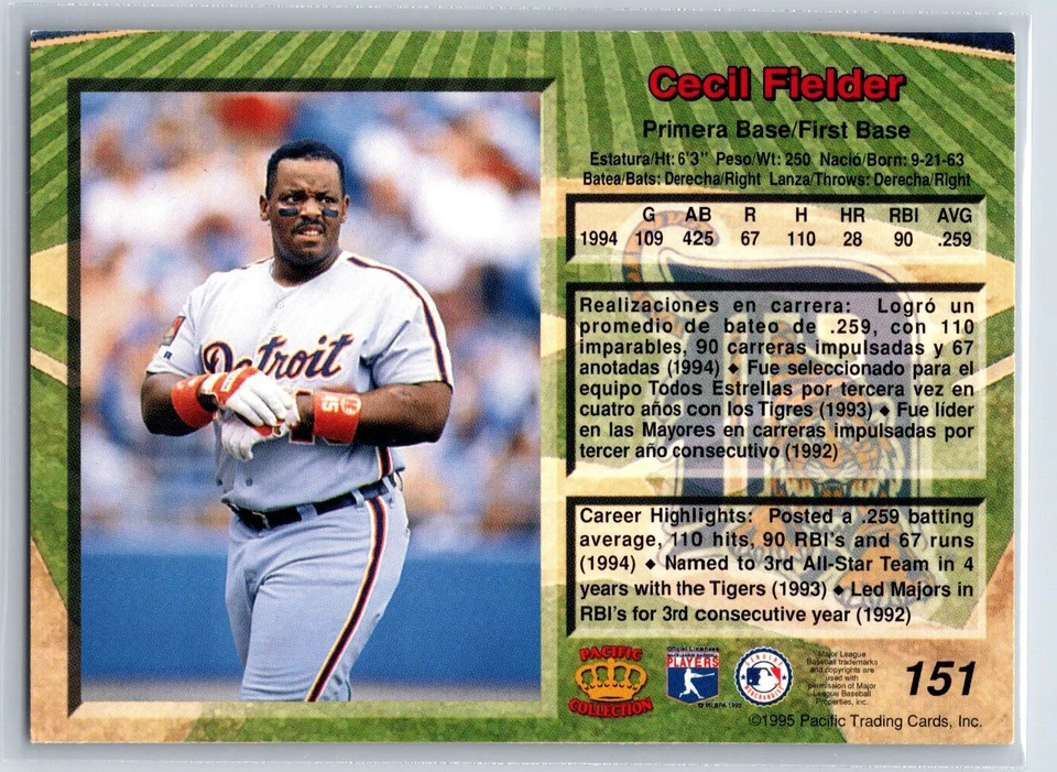 1995 Pacific Cecil Fielder Detroit Tigers #151 - Image 2 of 2