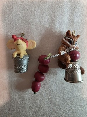 Vintage Enesco & Hallmark Ornaments - Chipmunk & Mouse w/Thimbles - No Boxes