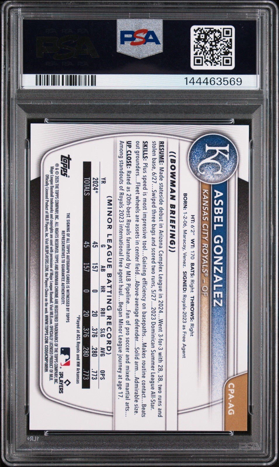 2025 Bowman Chrome Asbel Gonzalez 1st Auto /25 Orange Shimmer PSA 10 KC view 2