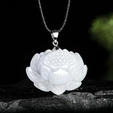 Real Grade A 100% Natural White Jade Jadeite Women Lucky Lotus Bead Pendant