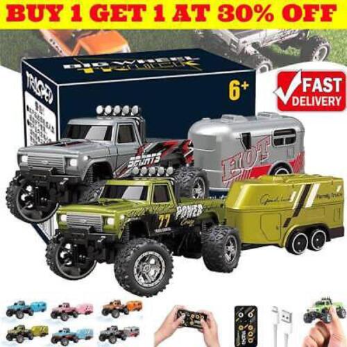 Mini RC Monster Truck USBC Rechargeable Underflow with Trailer,1:64 Scale Alloy.