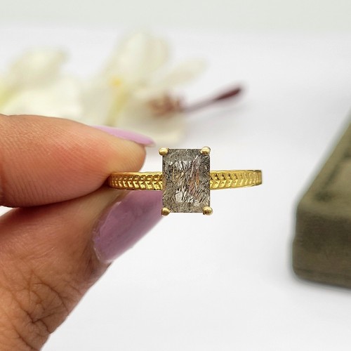 Unique Black Rutile Emeral Cut Engagement Ring 925 Sterling Silver Jewelry Gift - Picture 5 of 13