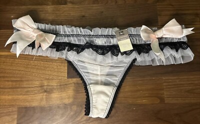 NWT Vtg NYLON Mesh RUFFLE THONG Panties Bows Second Skin Sz 6 Med Pink Bridal