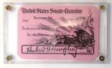 United States Senate Chamber Pass 92nd Congress 1972 Signed Hubert Humphrey