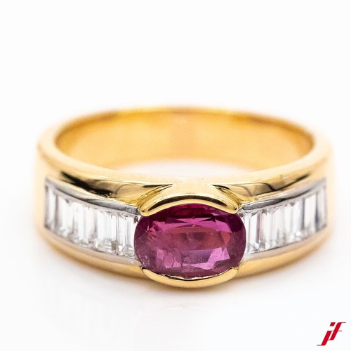 Anello 1 Rubino 1,59ct 10 Baguette 0,93ct Tw / Se 18K Oro Giallo Gr.58 - Valore