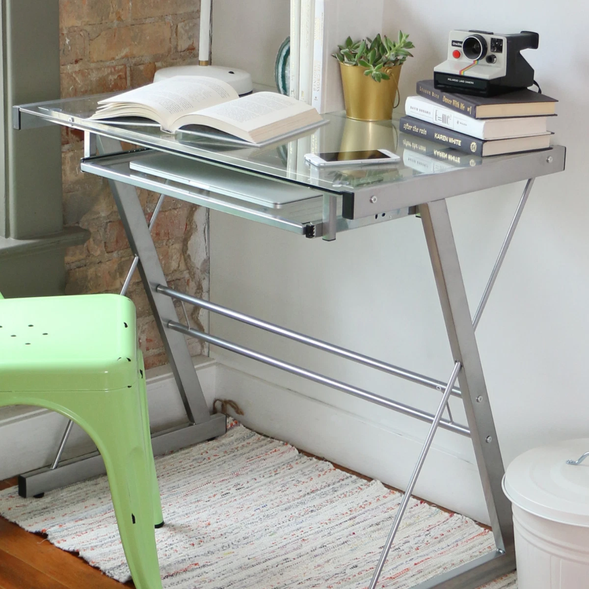 Modern Silver Office Computer Desk With Tempered Glass Keyboard Tray
