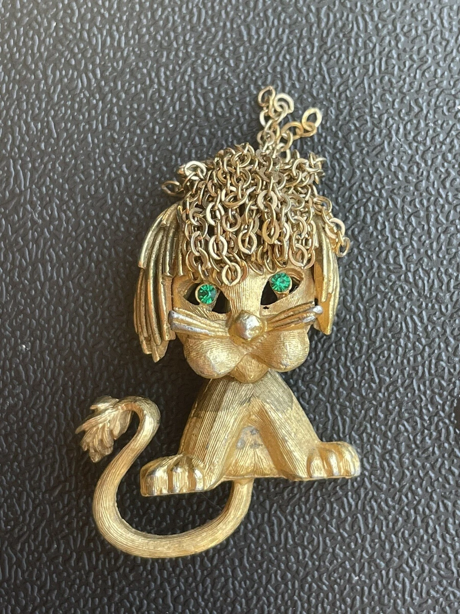 Vintage Designer Manolf Gold Tone Lion Cat with Mane Rhinestone
