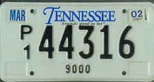 TENNESSEE 2002 license plate "P1 44316" *****9,000 lbs.*****
