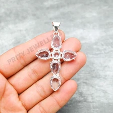 White Topaz Cross Pendant 925 Sterling Silver Gemstone Handmade Jewelry