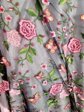 "Pink Floral Embroidered Lace Fabric on Black Mesh - Sold by the Yard for Prom a