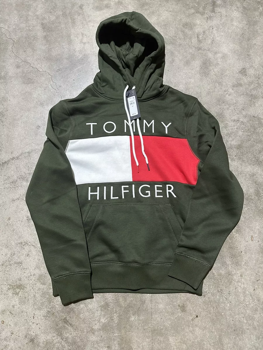 NWT Tommy Hilfiger Pullover Hoodie Green Big Flag Spellout Graphic Small |  eBay