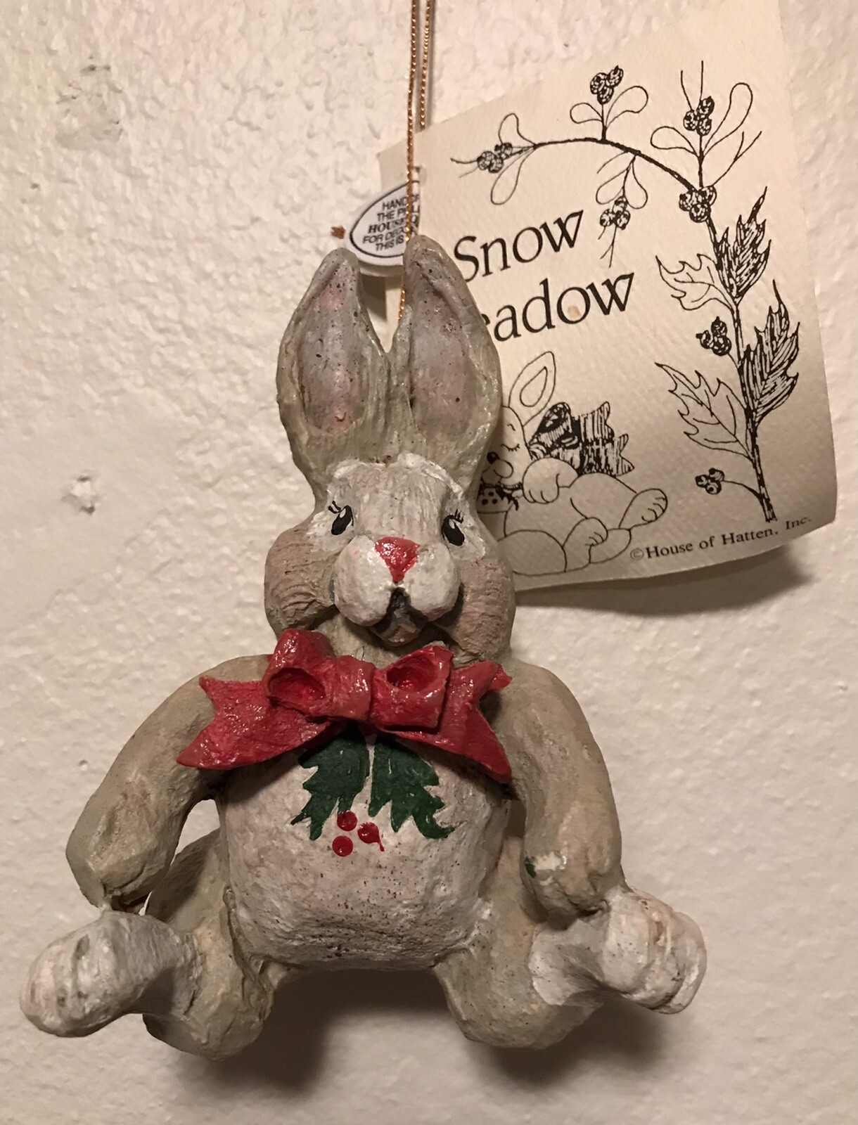 House of Hatten Snow Meadow White Rabbit Bunny Holly Christmas Ornament Brand New-image