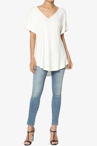 TheMogan S~3X Wide V-Neck Cuffed Short Sleeve Curved Hem Luxe Jersey Top - Picture 146 of 212