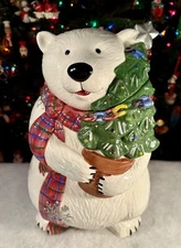 Vintage Pfaltzgraff White SNOW BEAR 12.5” Christmas Cookie Jar: Tree •Snowflakes