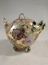 Cloisonne Pig Piglet Ornament Or Figurine Pink Florals And Birds Farm Animal 