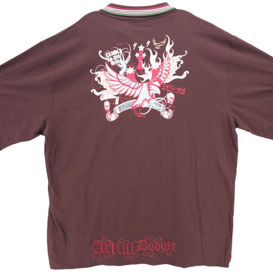 NUEVO CON ETIQUETAS ARTFUL DODGER Marrón Manga Larga Polo Gráfico Calavera Águila Talla 4XL Foto 2 de 4