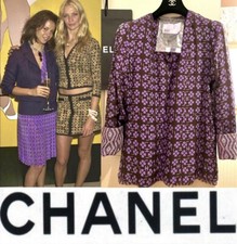 New Chanel Vintage 2001 Tweed Purple Print Reversible Logo Jacket 34 36 2 4 S M