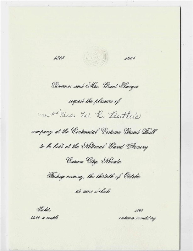 Centennial Costume Grand Ball Invit - Gov Grant Sawyer, 1964 Carson City, Nevada