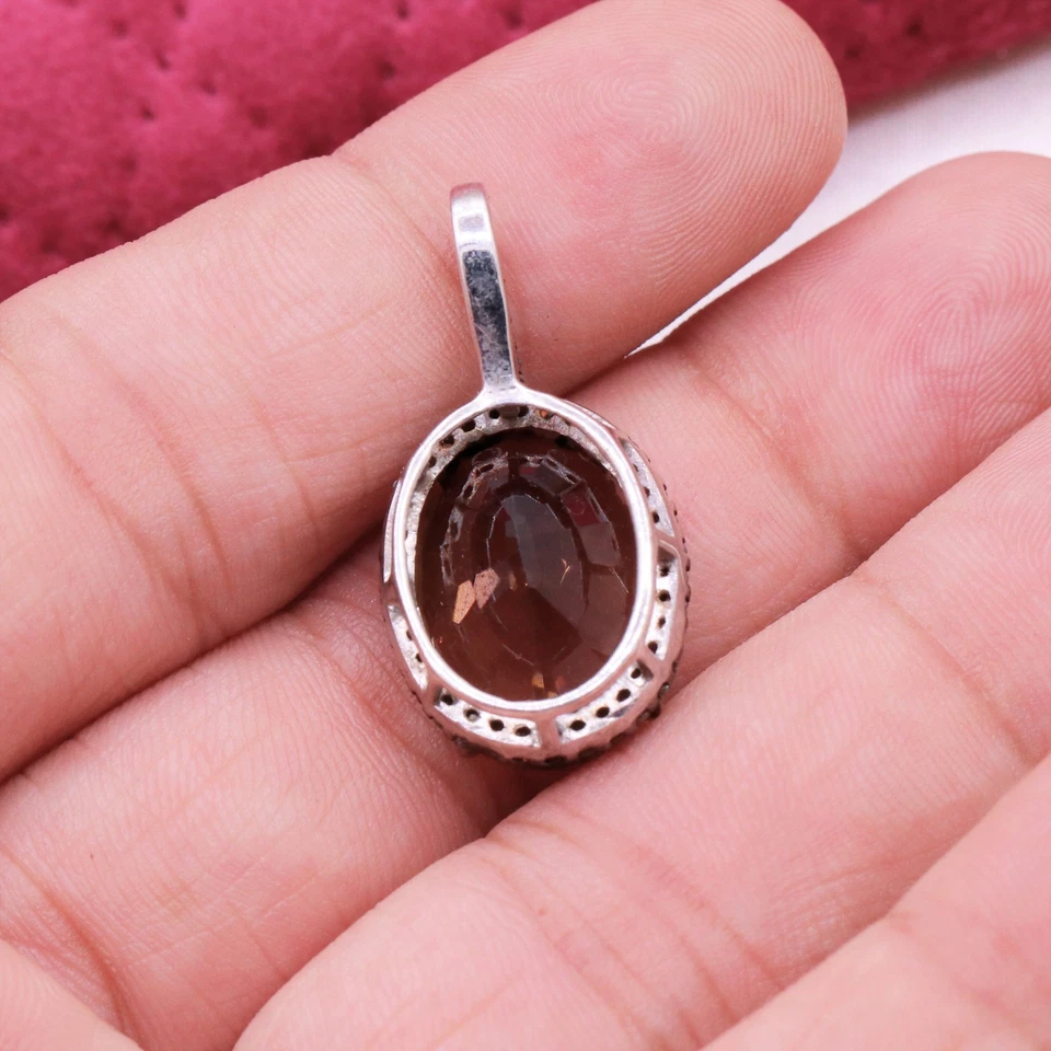 Natürlich Oval Schliff Rauchquarz & Diamant Anhänger 925 Sterlingsilber Schmuck - Bild 4 von 4
