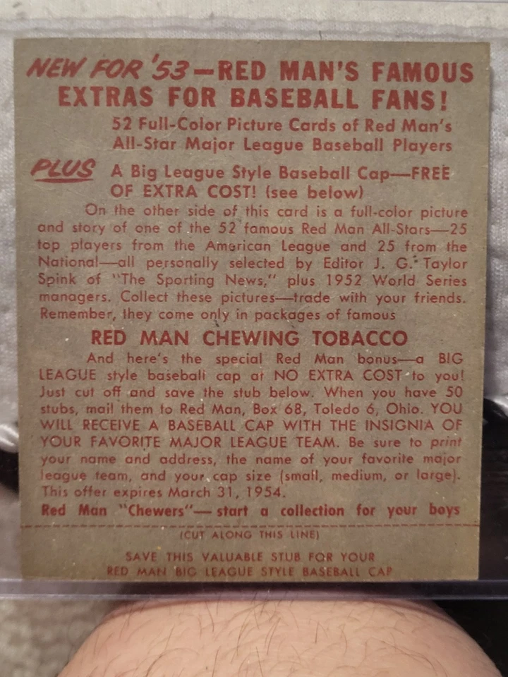 Redman Tobacco Gus Zernial 1953 con lengüeta Foto 2 de 2