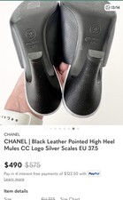 CHANEL Black Leather Pointed Toe Cap Toe Mule Heels CC Logo EU 37.5