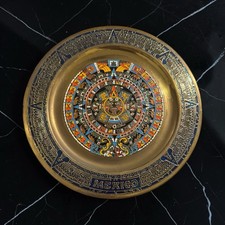 Vintage MEXICO Mayan Aztec Brass & Enamel Wall Hanging Plate Mayan Calendar 11"