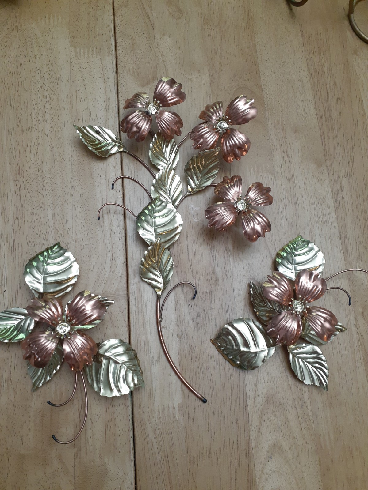 VTG MCM Copper and Brass Flowers and Leaves Set of 3 3DMetal Wall Hanging Decor