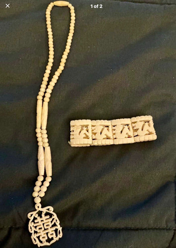 Vintage Chinese Hand-Carved Bone Necklace and Matching Stretch Tile Bracelet