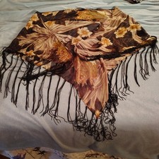 Boho Floral Triangle Scarf   Browns  Tans with Dark Tassels