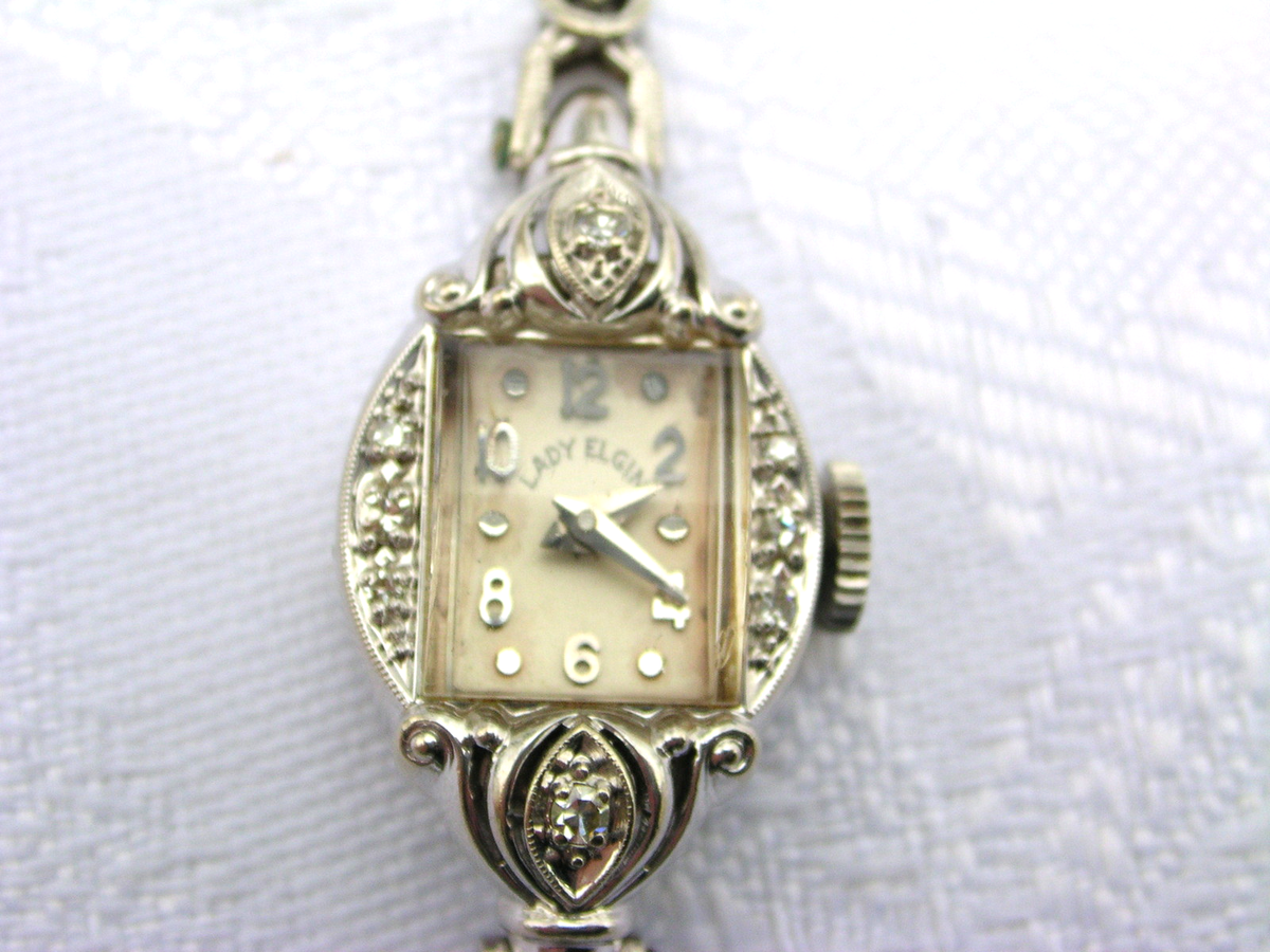 VINTAGE WOMEN'S 14K WHITE GOLD 23 JEWEL LADY ELGIN WATCH W/ 14K