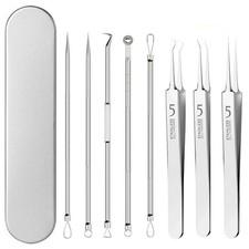 NIP 8 Piece Stainless Steel Blackhead Remover Kit Plus Metal Case 