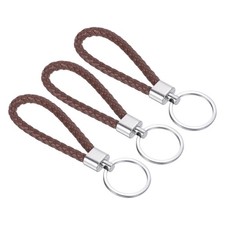 Braided Leather Keychain with Stainless Steel Key Ring 3 Pack Light Brown