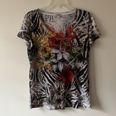 Cache Y2K Burnout T-Shirt Large Zebra Floral Rhinestone