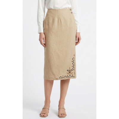 VTG Deborah Laus Linen Wrap Midi Pencil Skirt Size 6 Khaki 90's Classic Chic