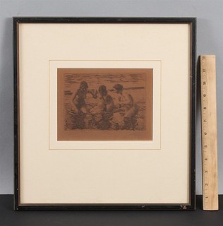 1919 Antique Signed ANDERS ZORN Nude Bathing Women Etching AGAINST THE CURRENT